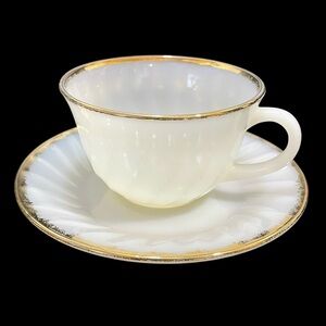 Vintage 1960s Fire-King Swirl Golden Anniversary Cup and Saucer Set - Milk Glass